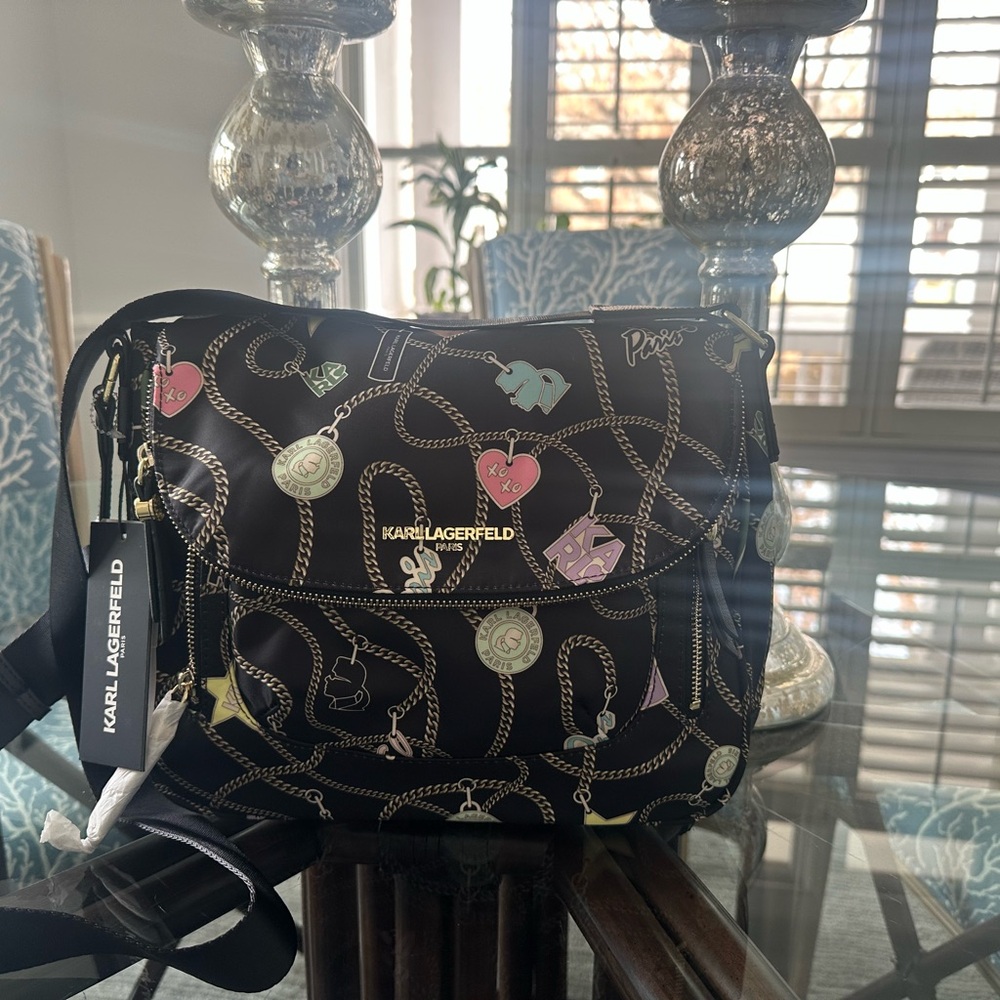 Karl Lagerfeld Black Crossbody Bag with Colorful Charms
